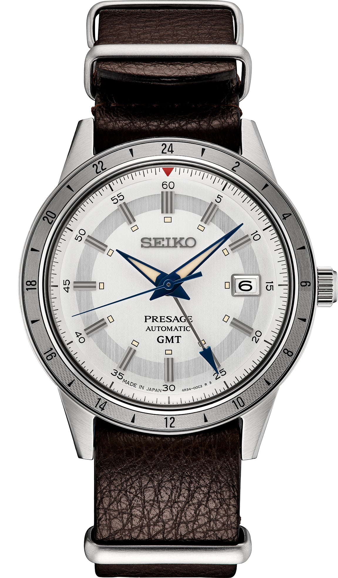 Seiko SSK015 Presage SS Automatic GMT White Dial Brown Leather Str