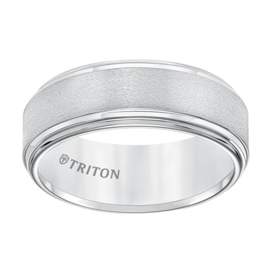 8mm White Tungsten Band W/ A Double Stepped Edge & Satin Center W/Bright Edges