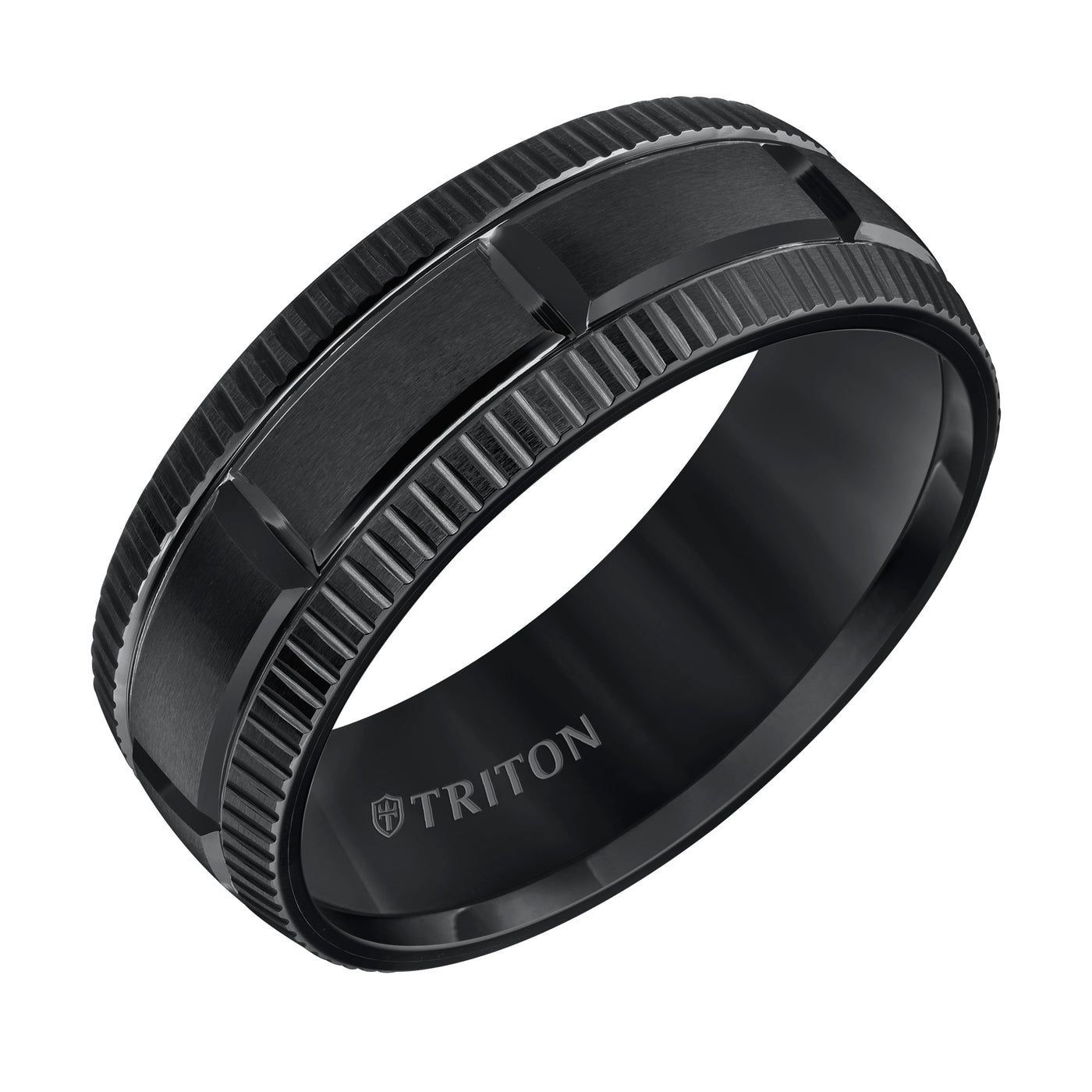 8mm Comfort Fit Black Tungsten Carbide Band with Coin Edge, Brick Style Center & Lathe Satin Finish