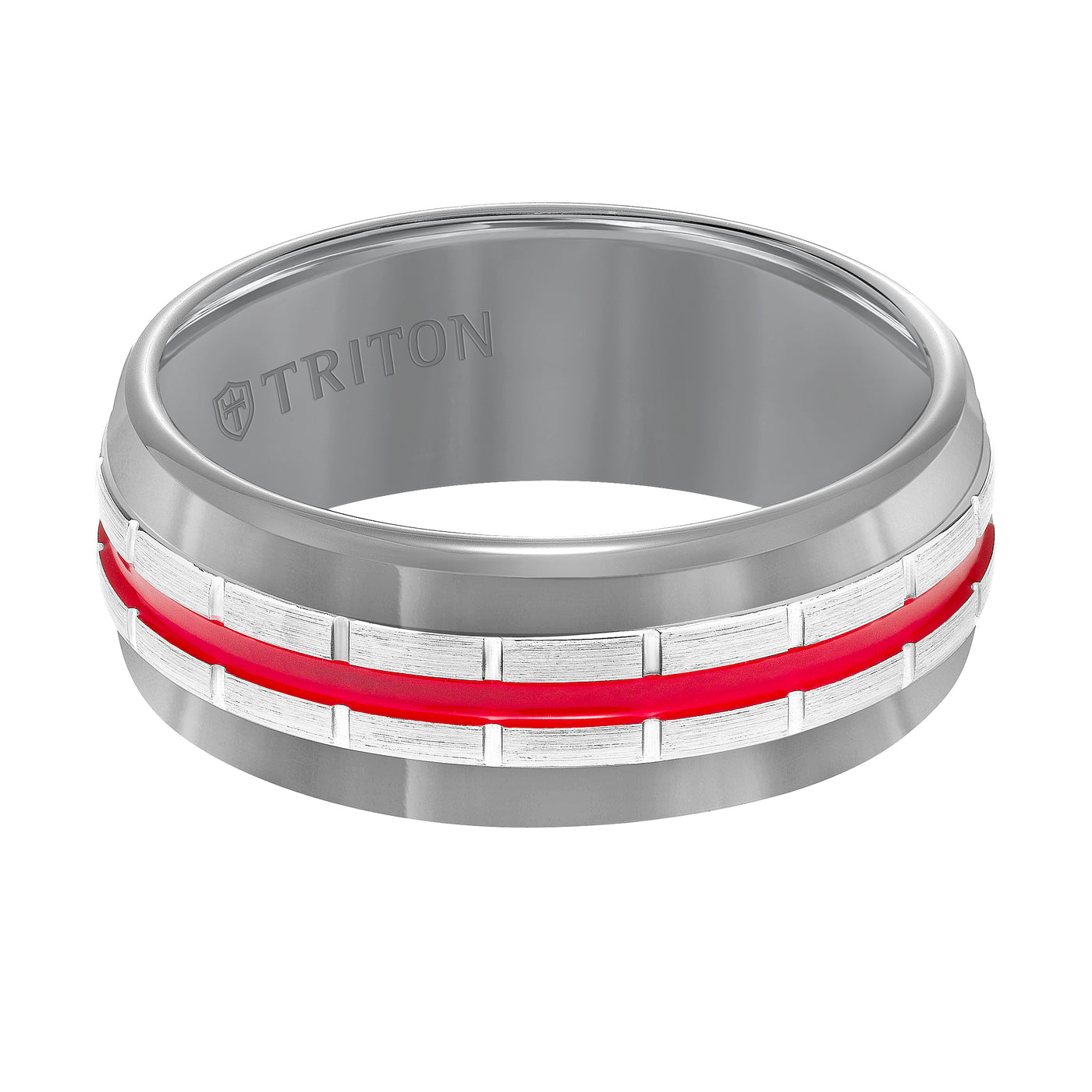 8.5MM Gunmetal Grey Tungsten Carbide Band with Vertical Grooves, Fire Red Center Stripe & Satin Finish