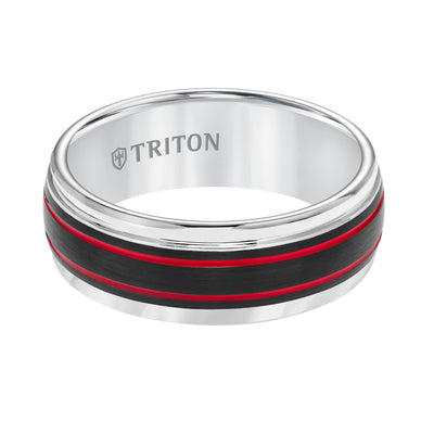 Tungsten Carbide Comfort Fit Mens White Band with Black Matte Center with Fire Red Stripes and Bright Round Rims