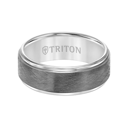 Tungsten Carbide Comfort Fit Mens Two Tone Band with Gunmetal Crystalline Finish Center and White Step Edge