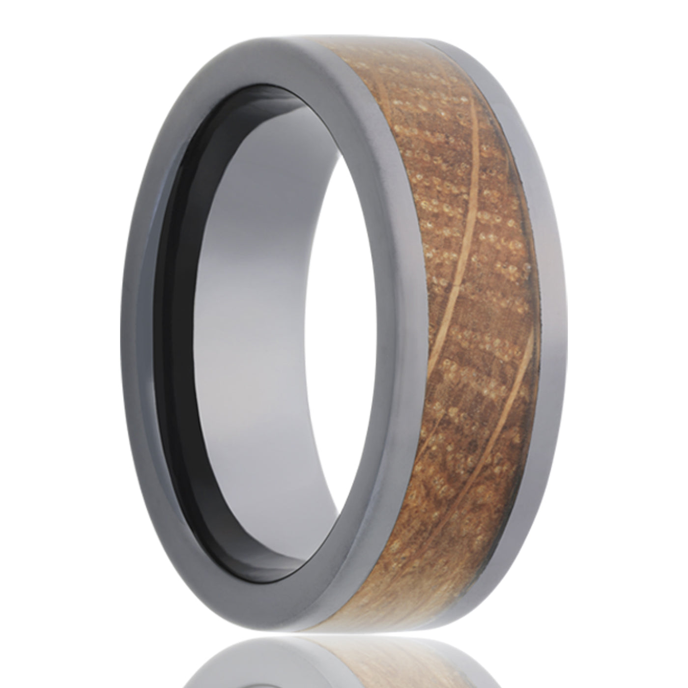 8mm Black Ceramic pipe cut whiskey wood inlay ring