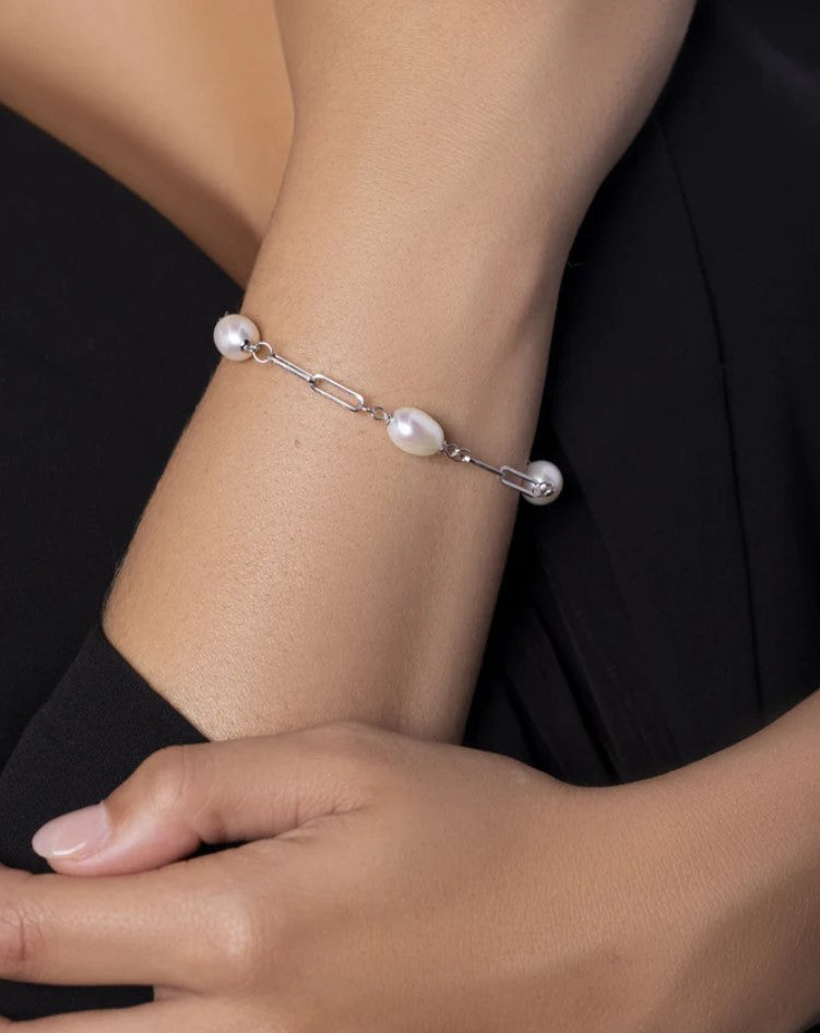 SS 7" +1" EXT 8-9MM FRESHWATER CULTURED PEARL PAPER CLIP CHAIN BRACELET