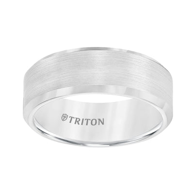 8mm Bevel Edge White Tungsten Carbide Comfort Fit Band with Satin Finish Center and Bright Polished Edge