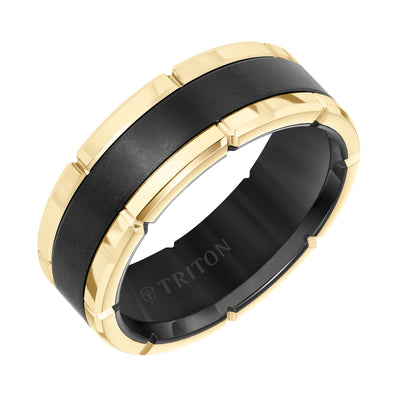 8MM Black Tungsten Carbide Flat Comfort Fit Band W/Brush Center &Rose Rims