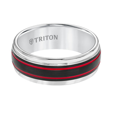 Tungsten Carbide Comfort Fit Mens White Band with Black Matte Center with Fire Red Stripes and Bright Round Rims