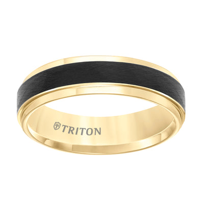 Tungsten Carbide Comfort Fit Two Tone Mens Band with Black Crystalline Finish Center and Yellow Step Edge