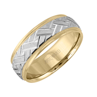 11-WV5572-G.00 - ARTCARVED - Comfort Fit wedding band with engraved design on a white insert, and yellow rolled edges with milgrain finish