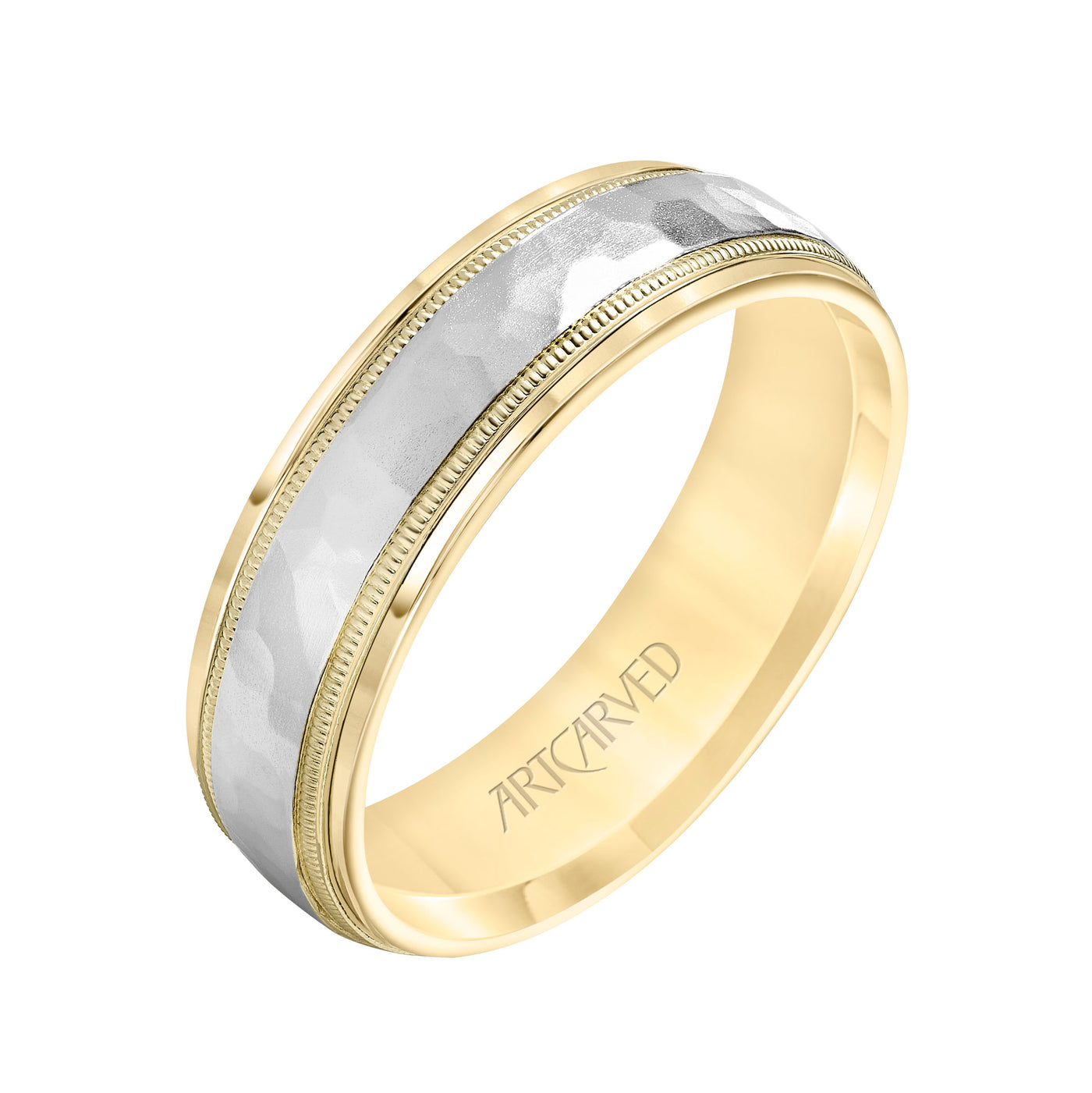 11-WV7190U6-G.00 - ARTCARVED - Comfort Fit two tone wedding band with hammered inlay Please note hand hammered styles will have slight variations due to the nature of the manufacturing process