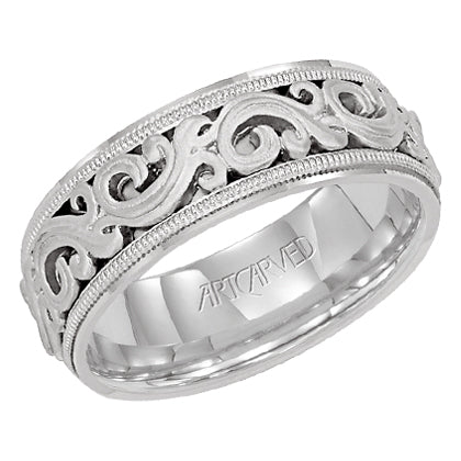 11-WV7300W-G.00 - ARTCARVED - Comfort Fit wedding band with intricate, engraved scroll design, milgrain and flat edges