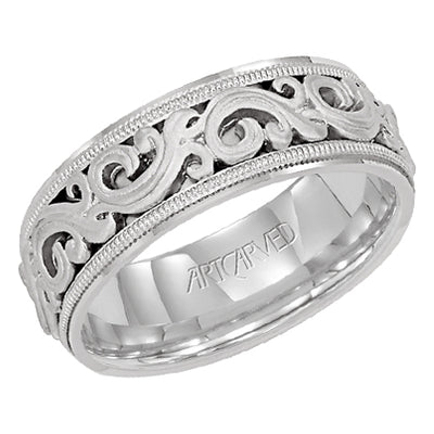 11-WV7300W-G.00 - ARTCARVED - Comfort Fit wedding band with intricate, engraved scroll design, milgrain and flat edges