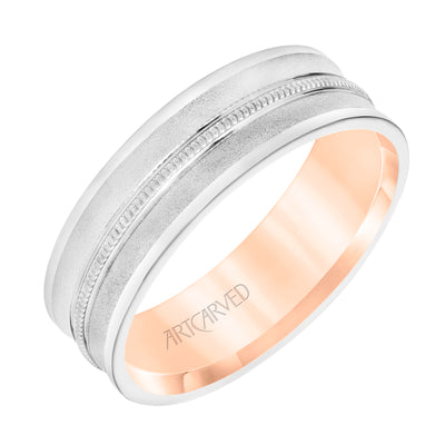 11-WV8797WR65-G.00 - ARTCARVED - Mens Comfort Fit Wedding Band with Concave Design, White Gold Exterior with Milgrain Center with Polished Flat Edge and Rose Gold Interior