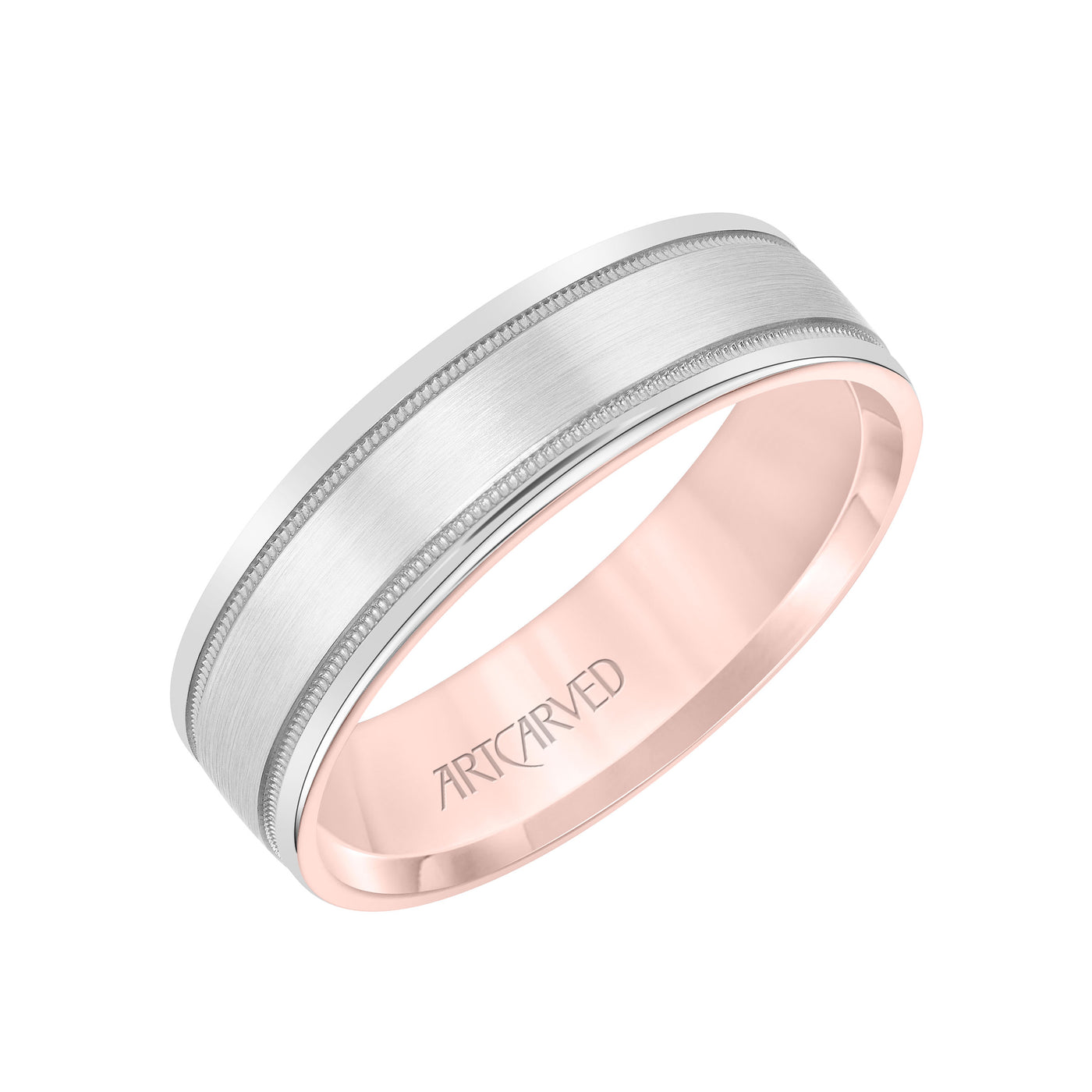 11-WV8831RW6-G.00 - ARTCARVED - Mens Comfort Fit Wedding Band with Rose Gold Exterior with Brushed Center with Milgrain Accents and Polished Round Edge with White Gold Interior