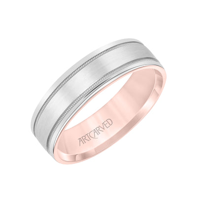 11-WV8831RW6-G.00 - ARTCARVED - Mens Comfort Fit Wedding Band with Rose Gold Exterior with Brushed Center with Milgrain Accents and Polished Round Edge with White Gold Interior