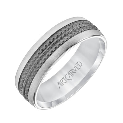 11-WV8843W7-G.00 - ARTCARVED - Mens Comfort Fit Wedding Band with Matt Finish and Textured Black Rhodium Center with Milgrain Accents and Polished Flat Edge