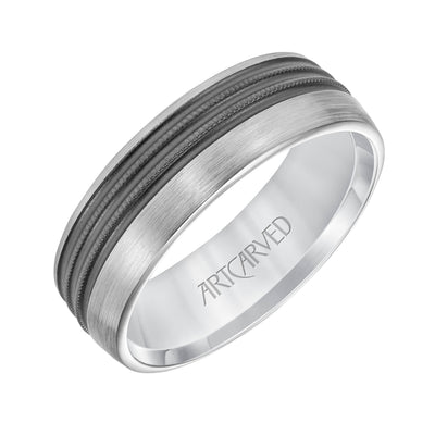 11-WV8844W7-G.00 - ARTCARVED - Mens Comfort Fit Wedding Band with Brushed Matte Finish with Textured Black Rhodium and Milgrain Accents