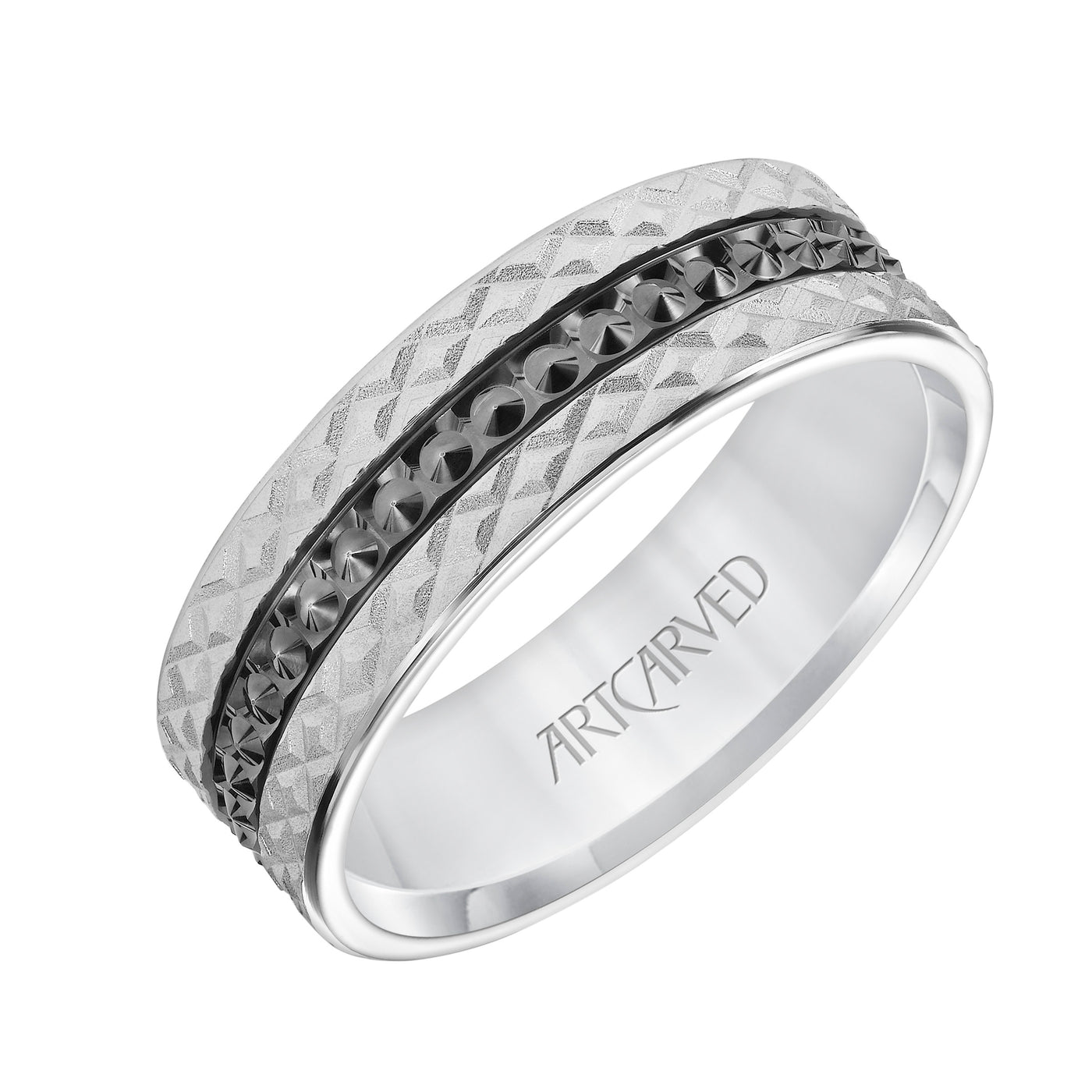 11-WV8848W7-G.00 - ARTCARVED - Mens Comfort Fit Wedding Band with Criss Cross Satin/Soft Sand Engraved Design and Polished Textured Black Rhodium Center