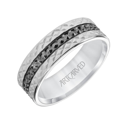 11-WV8848W7-G.00 - ARTCARVED - Mens Comfort Fit Wedding Band with Criss Cross Satin/Soft Sand Engraved Design and Polished Textured Black Rhodium Center