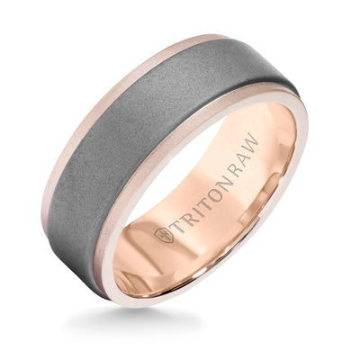 RAW GOLD - Flat profile with innovative raw matte insert in rose 18K gold ring with step edge, 8MM