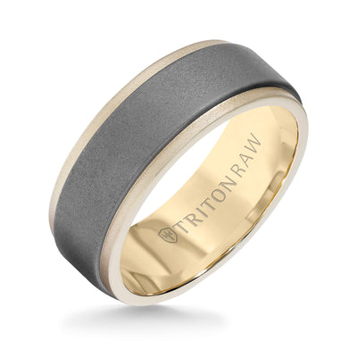 RAW GOLD - Flat profile with innovative raw matte insert in yellow 18K gold ring with step edge, 8MM