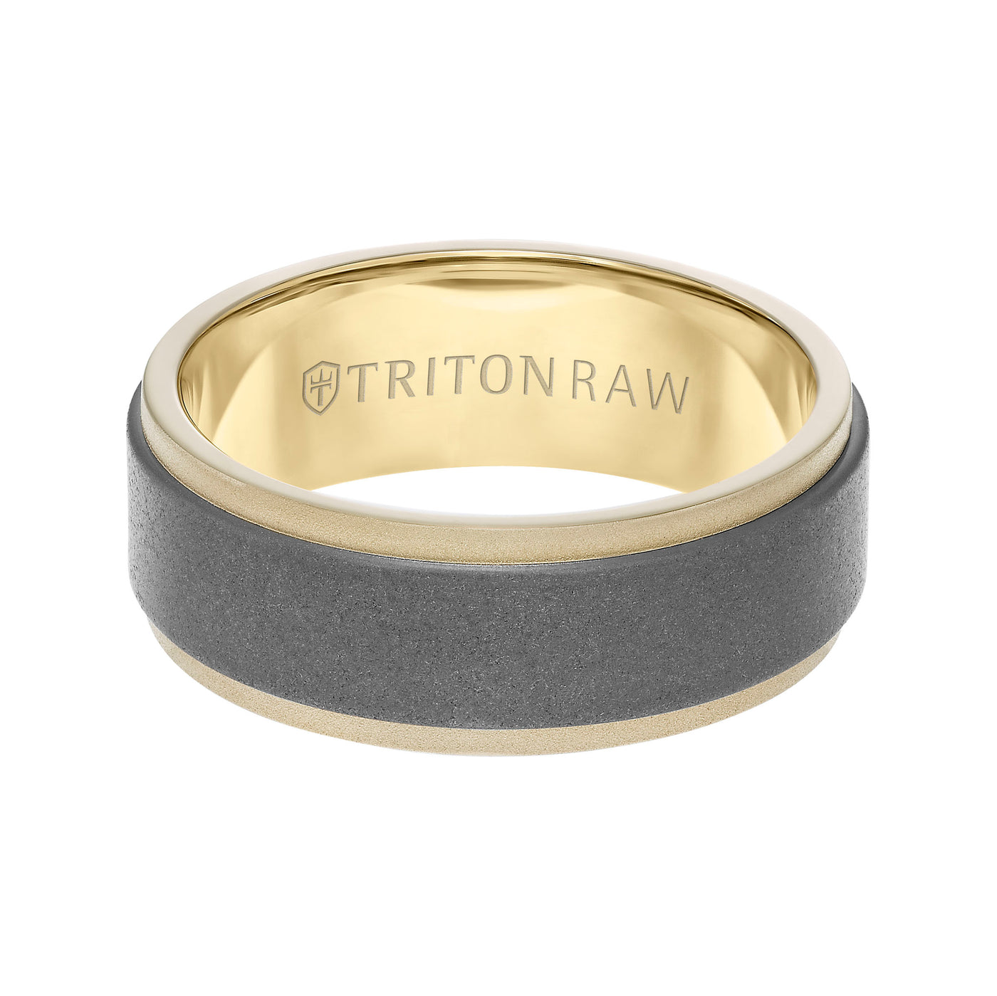 RAW GOLD - Flat profile with innovative raw matte insert in yellow 18K gold ring with step edge, 8MM