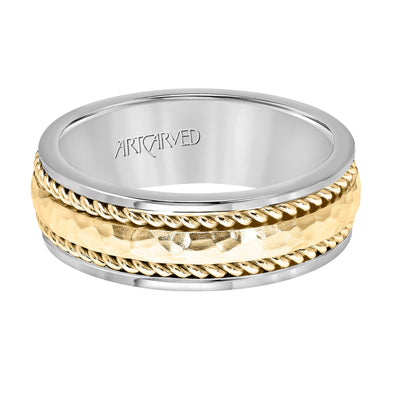 11-WV5018A-G.00 - ARTCARVED - Comfort Fit wedding band with hammered finish rope design and rolled edges Please note hand hammered styles will have slight variations due to the nature of the manufacturing process
