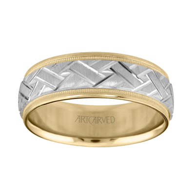 11-WV5572-G.00 - ARTCARVED - Comfort Fit wedding band with engraved design on a white insert, and yellow rolled edges with milgrain finish
