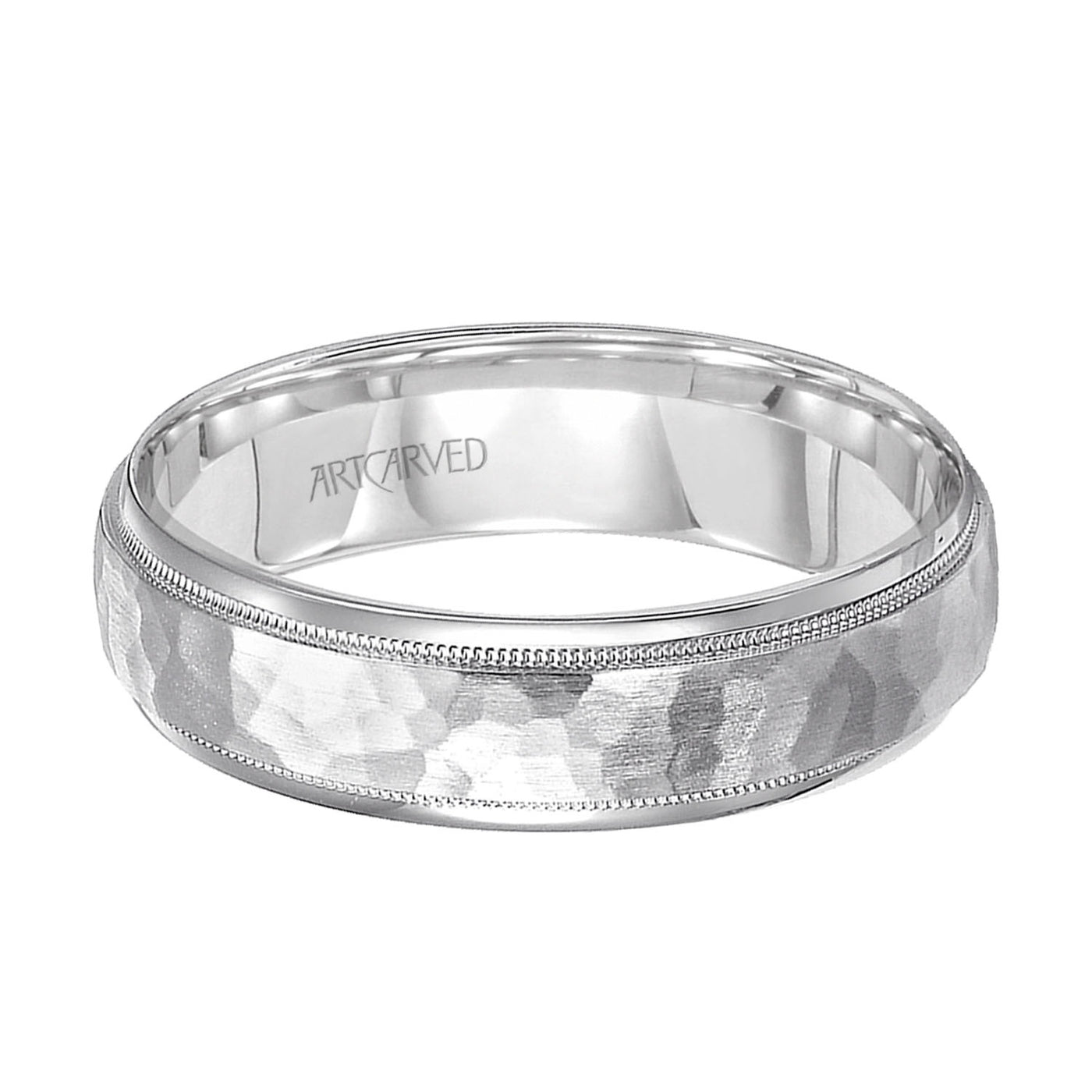 11-WV7173W6-G.00 - ARTCARVED - Comfort Fit wedding band with hammered satin finish and rolled edges Please note hand hammered styles will have slight variations due to the nature of the manufacturing process