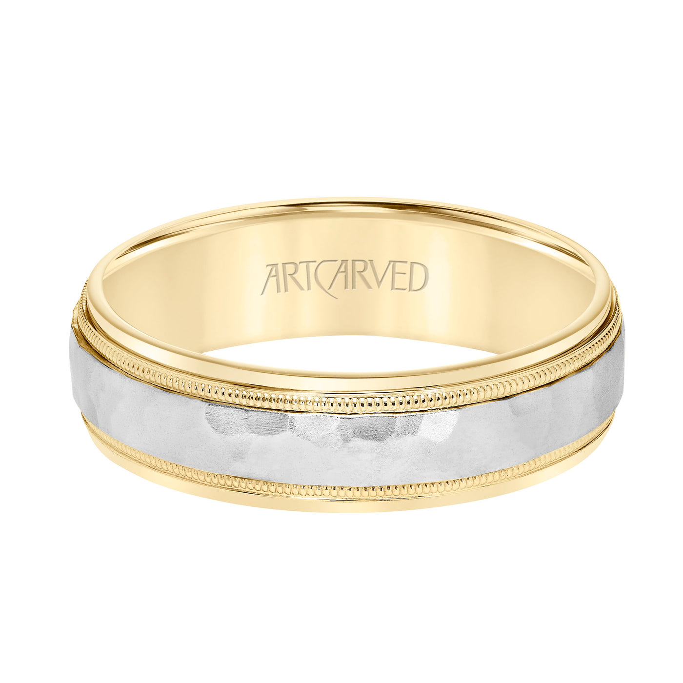 11-WV7190U6-G.00 - ARTCARVED - Comfort Fit two tone wedding band with hammered inlay Please note hand hammered styles will have slight variations due to the nature of the manufacturing process