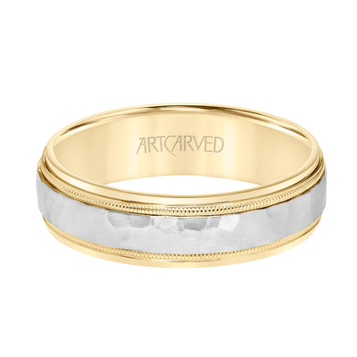11-WV7190U6-G.00 - ARTCARVED - Comfort Fit two tone wedding band with hammered inlay Please note hand hammered styles will have slight variations due to the nature of the manufacturing process