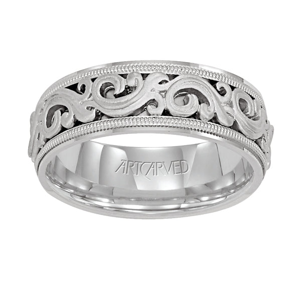 11-WV7300W-G.00 - ARTCARVED - Comfort Fit wedding band with intricate, engraved scroll design, milgrain and flat edges