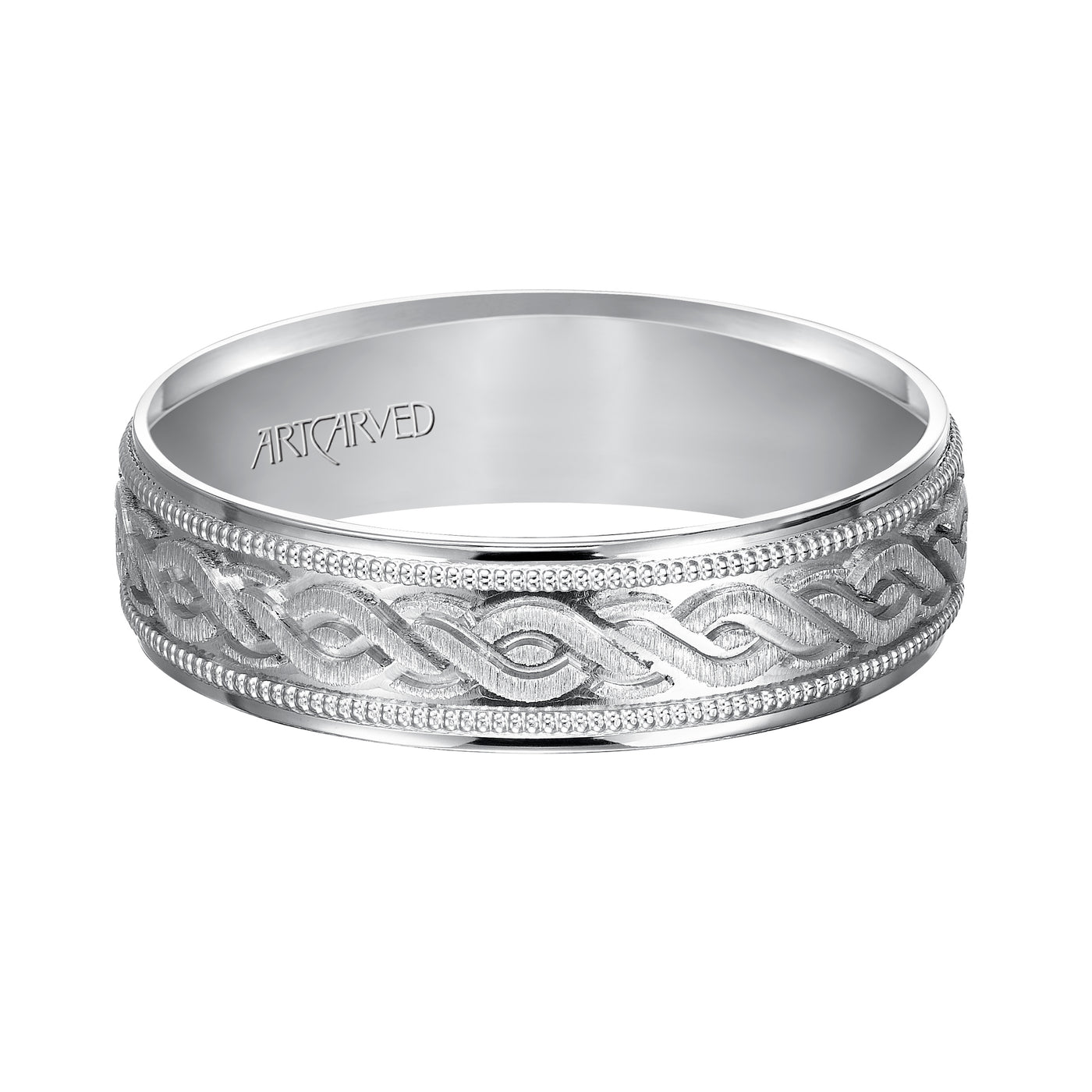 11-WV7322W-G.00 - ARTCARVED - Comfort Fit, engraved wedding band with milgrain detail and flat edgess
