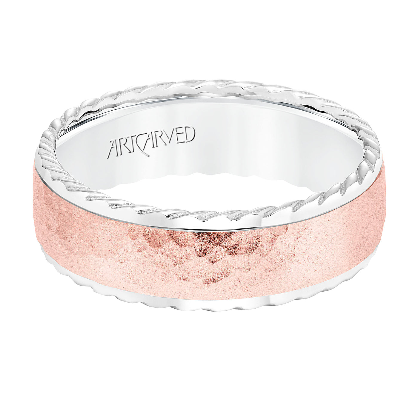 11-WV8727WR7-G.00 - ARTCARVED - 7MM Wedding Band with Hammered Finish  Rope Edge Detail and Dome Profile Please note hand hammered styles will have slight variations due to the nature of the manufacturing process