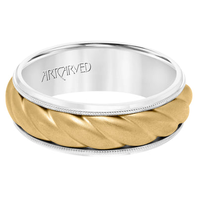 11-WV8729WY7-G.00 - ARTCARVED - 7MM Wedding Band with Soft Sand Finish, Oversized Rope, Milgrain Detail and Dome Profile