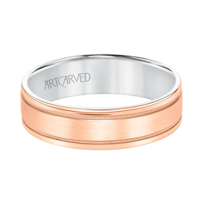 11-WV8831RW6-G.00 - ARTCARVED - Mens Comfort Fit Wedding Band with Rose Gold Exterior with Brushed Center with Milgrain Accents and Polished Round Edge with White Gold Interior