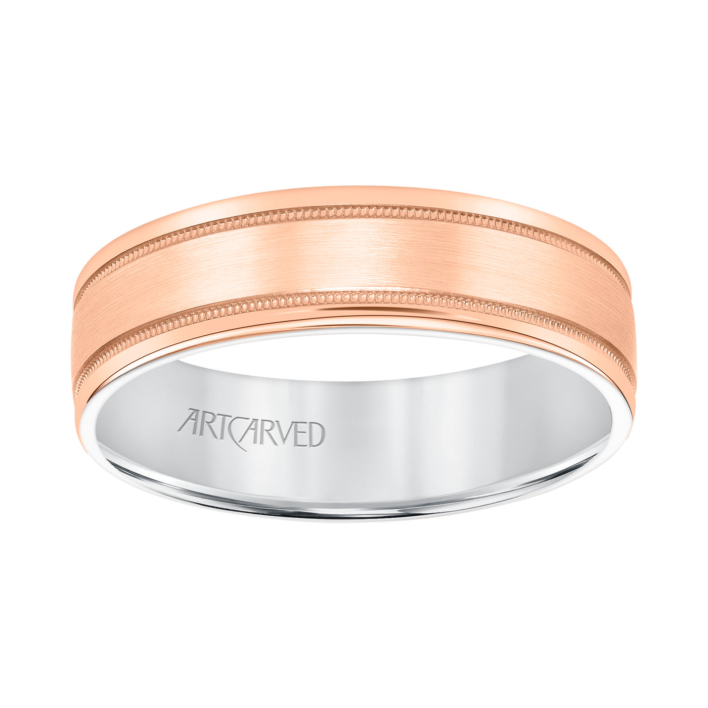 11-WV8831RW6-G.00 - ARTCARVED - Mens Comfort Fit Wedding Band with Rose Gold Exterior with Brushed Center with Milgrain Accents and Polished Round Edge with White Gold Interior