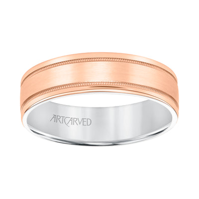11-WV8831RW6-G.00 - ARTCARVED - Mens Comfort Fit Wedding Band with Rose Gold Exterior with Brushed Center with Milgrain Accents and Polished Round Edge with White Gold Interior