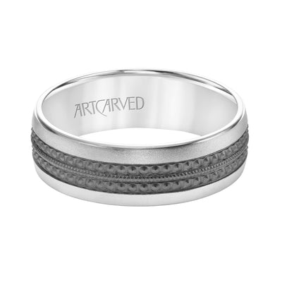11-WV8843W7-G.00 - ARTCARVED - Mens Comfort Fit Wedding Band with Matt Finish and Textured Black Rhodium Center with Milgrain Accents and Polished Flat Edge