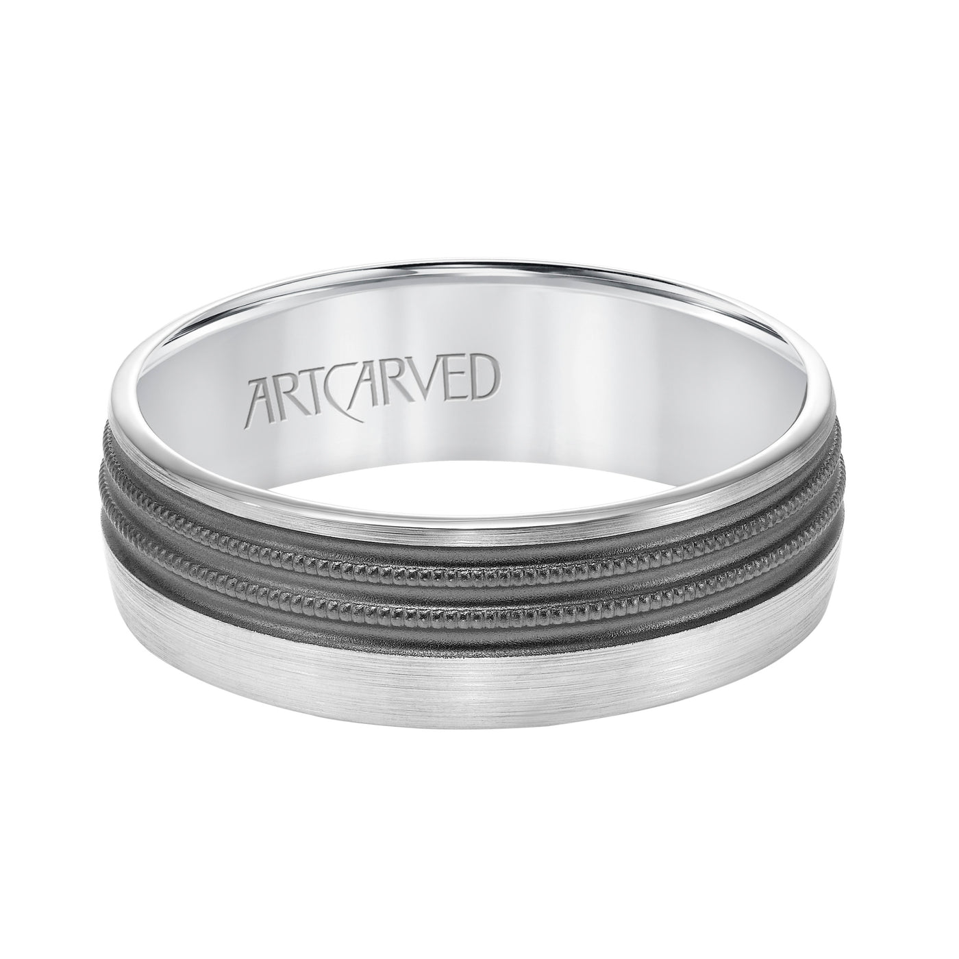 11-WV8844W7-G.00 - ARTCARVED - Mens Comfort Fit Wedding Band with Brushed Matte Finish with Textured Black Rhodium and Milgrain Accents