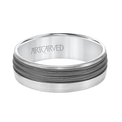 11-WV8844W7-G.00 - ARTCARVED - Mens Comfort Fit Wedding Band with Brushed Matte Finish with Textured Black Rhodium and Milgrain Accents