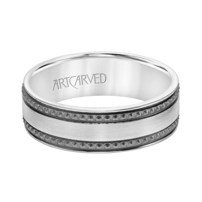 11-WV8847W7-G.00 - ARTCARVED - 7MM Comfort Fit Wedding Band with Satin/Soft Sand Center and Textured Black Rhodium Detail