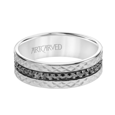 11-WV8848W7-G.00 - ARTCARVED - Mens Comfort Fit Wedding Band with Criss Cross Satin/Soft Sand Engraved Design and Polished Textured Black Rhodium Center