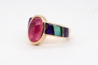 Estate 14KY Pink Tourmaline with Opal and Onyx Inlay Ring