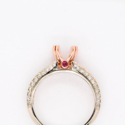 14KTT .47 CTTW DIAMOND SEMI MOUNT SCROL RING WITH ACCENT RUBYS, .04 CT