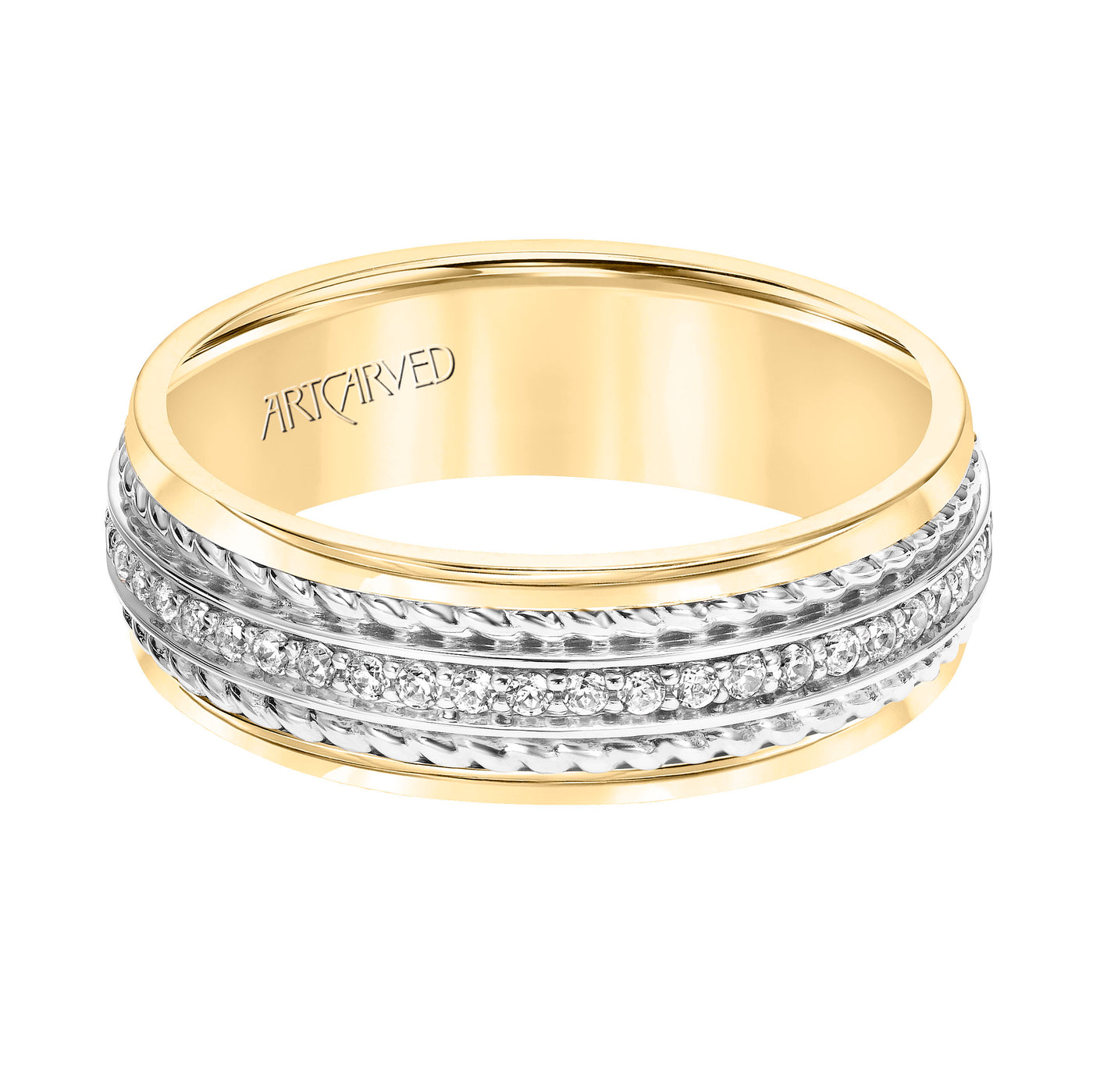22-V8730YW7-G.01 - ARTCARVED - 7MM Wedding Band with Polished Finish and Double Rope with Diamond Center Inlay Detail