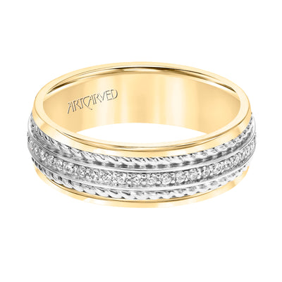 22-V8730YW7-G.01 - ARTCARVED - 7MM Wedding Band with Polished Finish and Double Rope with Diamond Center Inlay Detail