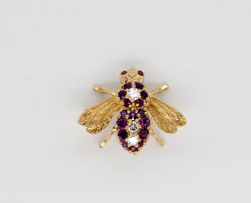 Estate 18KY .44 Cttw Amethyst, .04 Cttw Ruby, and .10 cttw Diamond Bee Pin