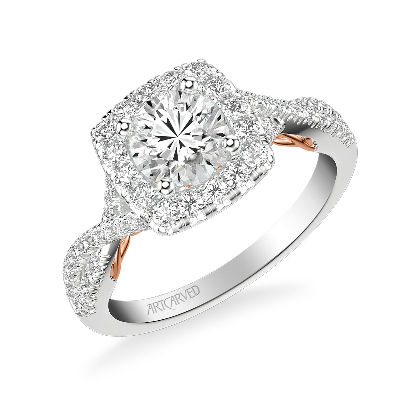 31-V1013ERWR-E.01 - ARTCARVED - Lyric Engagement Ring with Cushion Diamond Halo and Carved Gallery details with Twist Diamond Shank