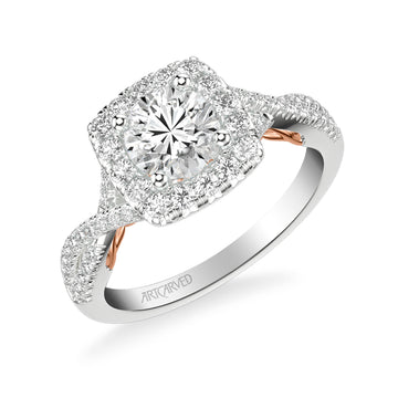 31-V1013ERWR-E.01 - ARTCARVED - Lyric Engagement Ring with Cushion Diamond Halo and Carved Gallery details with Twist Diamond Shank